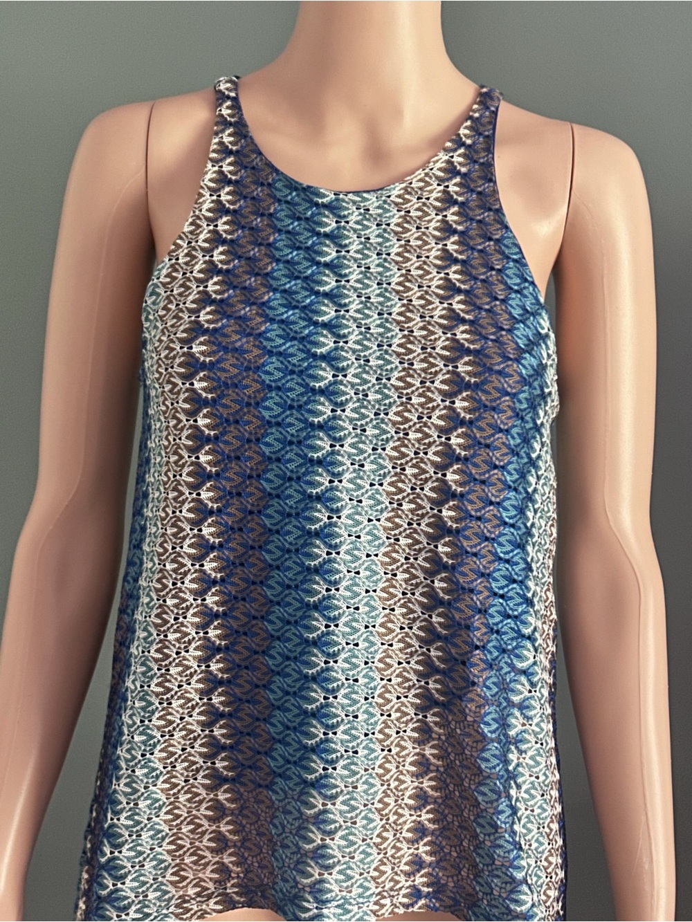 Almost Famous Blue, Brown and White Patterned Racerback Tank
